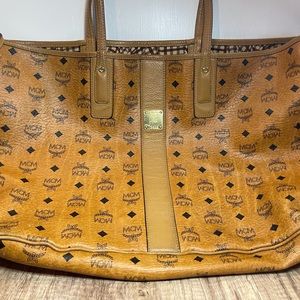 Authentic jumbo MCM used cognac shopper tote bag purse